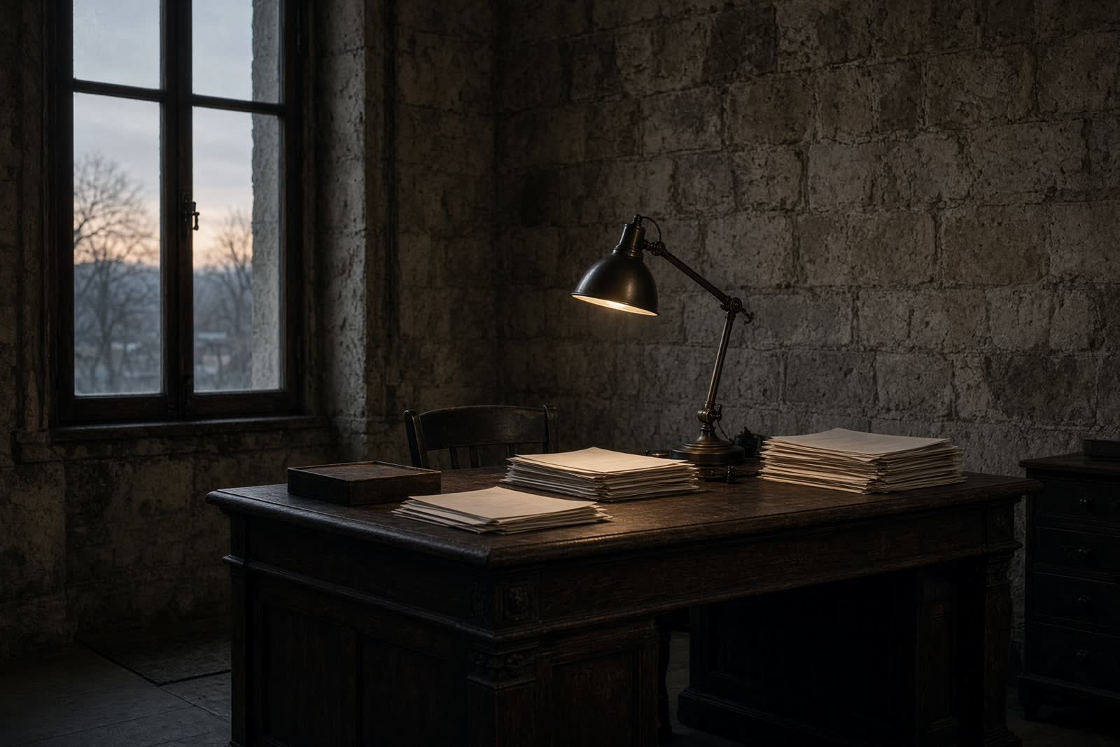 Private study with timber desk, papers, and a bronze lamp